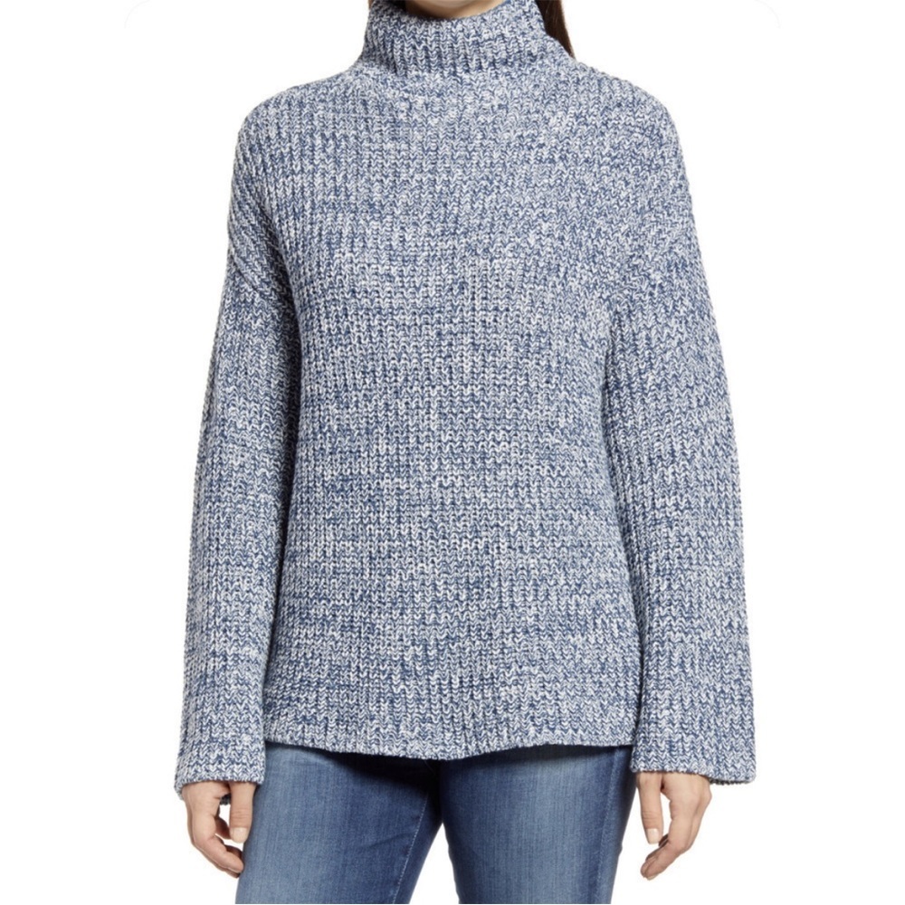 Nordstrom Caslon Blue & White Crochet Knit Mock Neck Long Sleeve Sweater XS